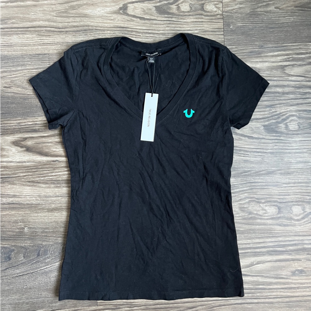 True Religion Swirl Deep V Black Tee “Something Kind of Wild” Graphic